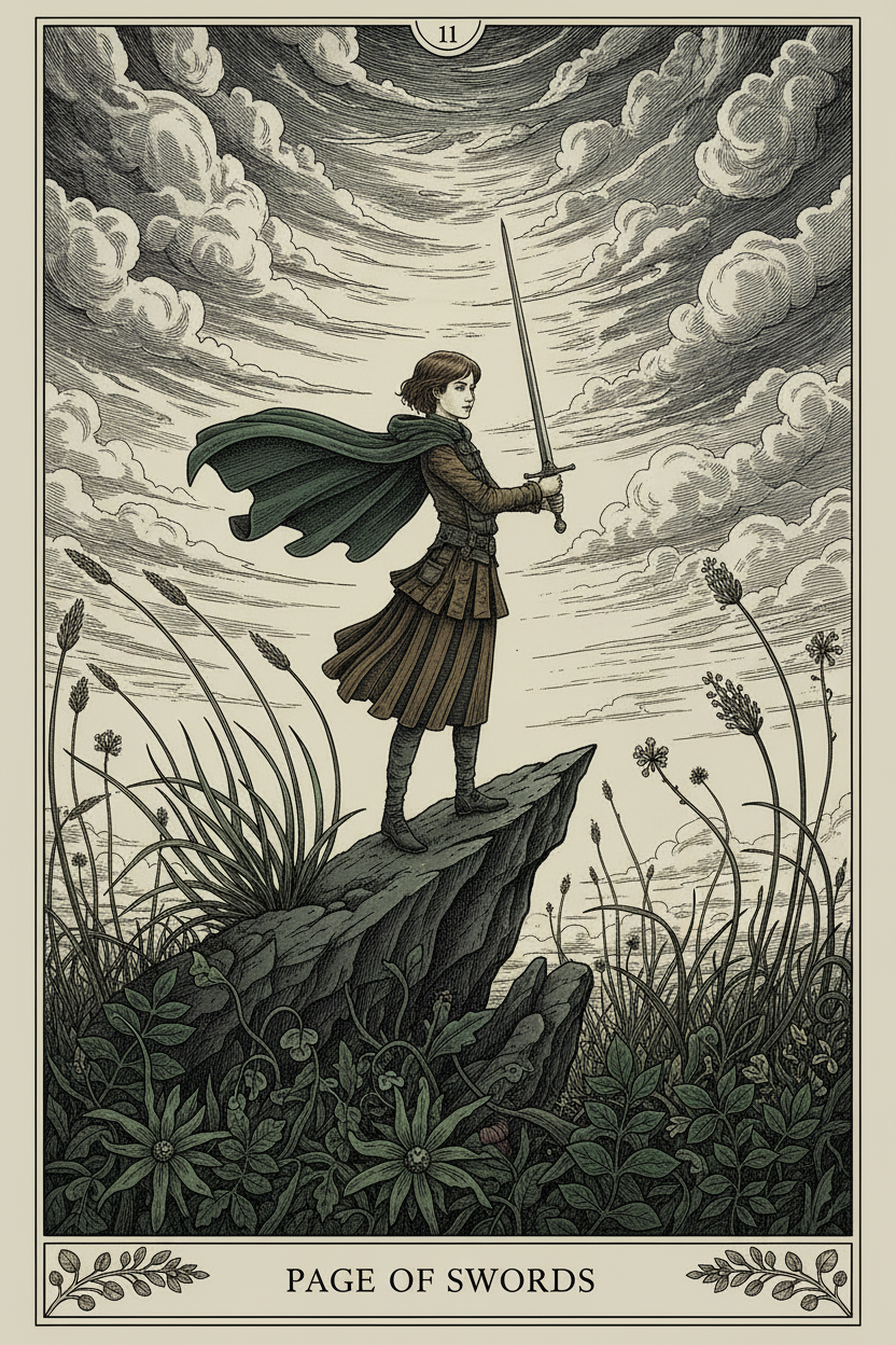 Page of Swords tarot card β Dark Botanical Tarot deck