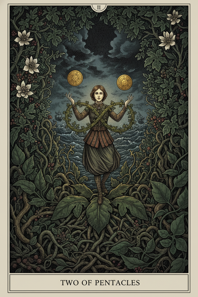 Two of Pentacles tarot card β Dark Botanical Tarot deck